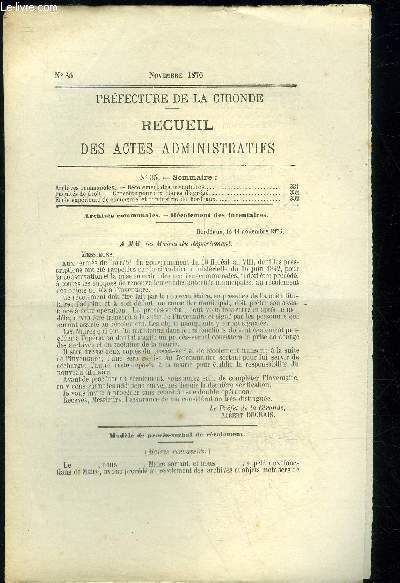 PREFECTURE DE LA GIRONDE RECUEIL DES ACTES ADMINISTRATIFS N 35 - Archives communales. - Rcolement des inventaires____Facults de droit. - Concours pour dix places d'agrg Ecole suprieure de commerce et d'industrie de Bordeaux