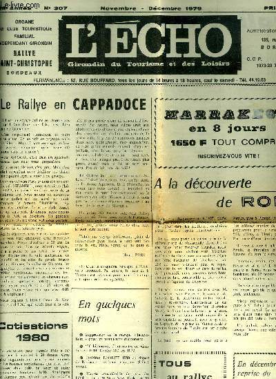 L'ECHO GIRONDIN DU TOURISME ET DES LOISIRS N307 34E ANNEE NOV DEC 1979 Le rallye en Cappadoce -  la dcouverte de Rome - cotisations 1980 - en quelques mots - le R.S.C au Brsil - etc.