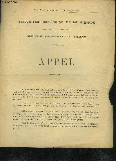 ASSOCIATION DIOCESAINE DE LA GIRONDE DECLAREE LE 17 FEVRIER 1906 - APPEL.