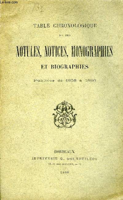 TABLE CHRONOLOGIQUE DE MES NOTULES NOTICES MONOGRAPHIES ET BIOGRAPHIES PUBLIEES DE 1858 A 1896.