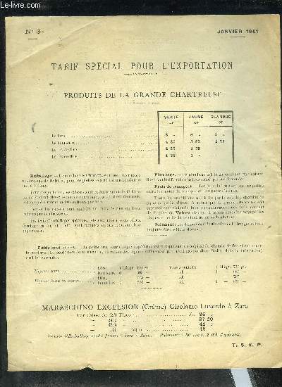 UN DOCUMENT DE 2 PAGES : TARIF SPECIAL POUR L'EXPORTATION PRODUITS DE LA GRANDE CHARTREUSE - N3 - JANVIER 1901.