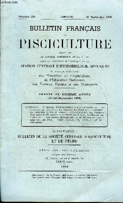 BULLETIN FRANCAIS DE PISCICULTURE N190 SEPT 1958 - Frayres artificielles pour salmonids - les gaves les saumons les chelles - la production de tilapia calibrs - les crustacs d'eau douce de madagascar etc.