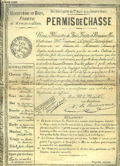 COPIE D'UN PERMIS DE CHASSE DATANT DE 1798-1799.