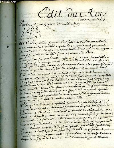 EDIT DU ROI CONCERNANT LES PORTIONS CONGRUES DU MOIS DE MAY 1768 - MANUSCRIT.