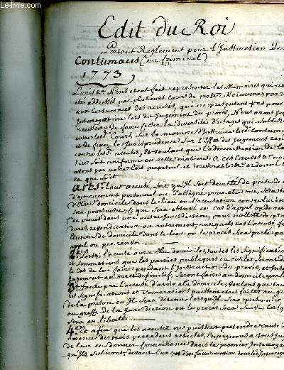 EDIT DU ROI PORTANT REGLEMENT POUR L'INSTRUCTION DES CONTUMACES (OU CRIMINEL) - MANUSCRIT - 1773.