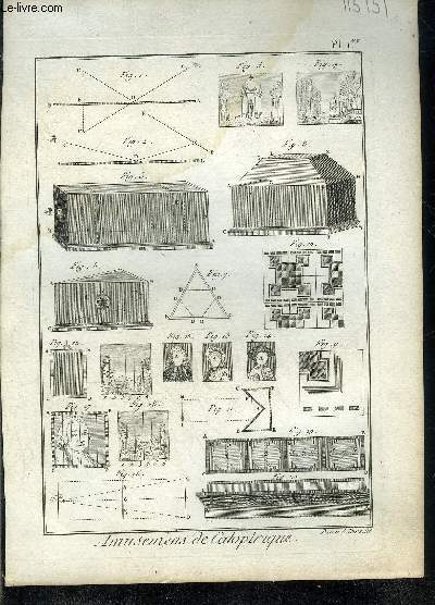 6 PLANCHES EN NOIR ET BLANC EXTRAITES DE L'ENCYCLOPEDIE DE DIDEROT ET D'ALEMBERT SUR LE THEME AMUSEMENS DE CATOPTRIQUE.