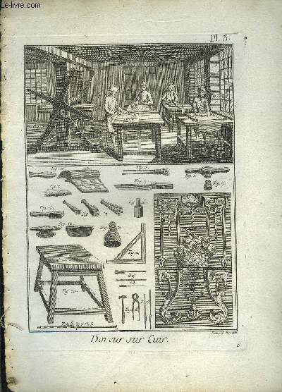 2 PLANCHES EN NOIR ET BLANC EXTRAITES DE L'ENCYCLOPEDIE DE DIDEROT ET D'ALEMBERT SUR LE THEME DOREUR SUR CUIR.