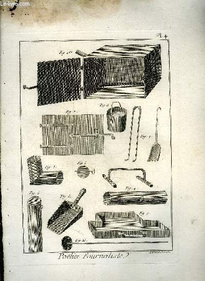 UNE PLANCHE EN NOIR ET BLANC EXTRAITE DE L'ENCYCLOPEDIE DE DIDEROT ET D'ALEMBERT SUR LE THEME POELIER FOURNALISTE - PLANCHE N 6.