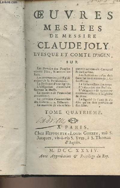 Oeuvres Mesles de Messire Claude Joly, Evesque et Comte d'Agen - Tome 4