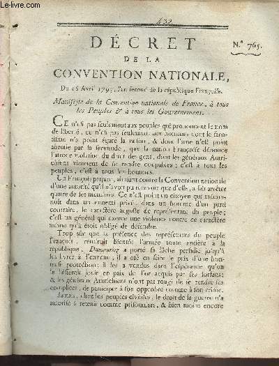 Dcret de la Convention Nationale, n765 - Du 16 avril 1793, l'an second de la rpublique franoise, manifeste de la Convention nationale de France,  tous les Peuples &  tous les gouvernemens