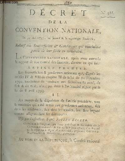 Dcret de la Convention Nationale, n988 - Du 30 mai 1793, l'an second de la Rpublique franoise, relatif aux sous-officiers & gendarmes qui touchoient partie de leur solde en numraire