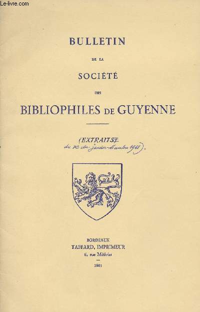 Le souvenir d'Henry Murger - Extrait du nde janvier-dcembre 1961 du Bulletin de la socit des Bibliophiles de Guyenne