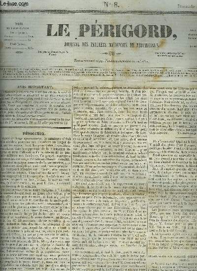 LE PERIGORD JOURNAL DES INTERETS NATIONAUX ET PROVINCIAUX N8 ANNEE 1843 - Prigueux - Anciens proces criminels Mlle Delafaille (suite) - cour d'assises de la Dordogne (prsidence de M.Blondeau) audience du 18 janvier 1843 - tat civil de Prigueux etc.