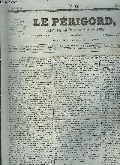 LE PERIGORD JOURNAL DES INTERETS NATIONAUX ET PROVINCIAUX N23 ANNEE 1843 - Prigueux - visite archologique a la cathdrale de Saint Front - prix moyen des grains  Prigueux - revue des journaux - deux aveux du courrier de la Gironde - Algrie etc.