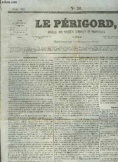 LE PERIGORD JOURNAL DES INTERETS NATIONAUX ET PROVINCIAUX N26 ANNEE 1843 - Prigueux - instruction primaire - petite aventure d'un grand artiste - chambre des dputs prsidence de M.Sauzet sance du 1er mars - Annonces M.Henri Ritouret etc.