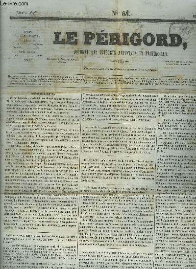 LE PERIGORD JOURNAL DES INTERETS NATIONAUX ET PROVINCIAUX N33 ANNEE 1843 - Prigueux - premire liste de souscription du Prigorden faveur des victimes du tremblement de terre de la Guadeloupe - mouvement du port de Prigueux etc.