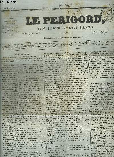 LE PERIGORD JOURNAL DES INTERETS NATIONAUX ET PROVINCIAUX N34 ANNEE 1843 -