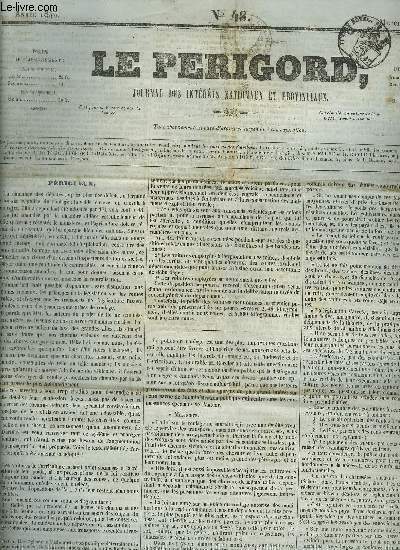 LE PERIGORD JOURNAL DES INTERETS NATIONAUX ET PROVINCIAUX N48 ANNEE 1843 - Prigueux - causes clbres trangres (suite et fin) - bourse du 22 avril 1843 - jury mdical - Algrie - chambre des pairs prsidence de M. le Duc de Broglie .