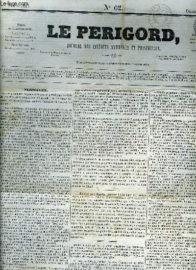 LE PERIGORD JOURNAL DES INTERETS NATIONAUX ET PROVINCIAUX N62 1843 Prigueux - acadmie des jeux floraux - march de Prigueux - la vache  50 francs le demi kilog - chambre des pairs - chambre des dputs - varits un souvenir du temps de l'empire etc