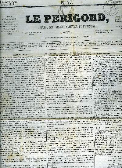 LE PERIGORD JOURNAL DES INTERETS NATIONAUX ET PROVINCIAUX N77 1843 - Prigueux - Trmolat - bourse du 29 juin 1843 - courses publiques de chevaux - on crit d'Edimbourg que depuis le schisme qui s'est opr dans l'glise prsbytrienne d'Ecosse ...