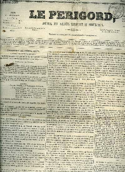 LE PERIGORD JOURNAL DES INTERETS NATIONAUX ET PROVINCIAUX N91 1843 - Prigueux candidature de M. de Genoude - mdaille offerte  M. de Larochejaquelein - march de Prigueux - mouvement du port de Prigueux - prix des vins  Limoges etc.