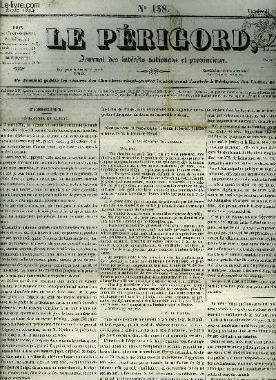 LE PERIGORD JOURNAL DES INTERETS NATIONAUX ET PROVINCIAUX N138 1844 - rigueux lections de Sarlat - rgine (suite) - mandat donn par les lecteurs de Prigueux a M.de Genoude - bourse du 9 janvier 1844 - voyage de M. le duc de Bordeaux etc.