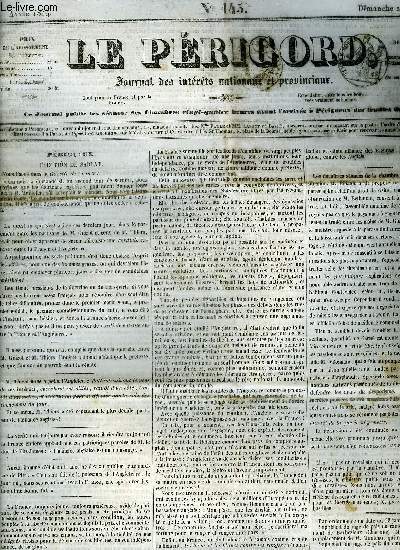 LE PERIGORD JOURNAL DES INTERETS NATIONAUX ET PROVINCIAUX N145 1844 - Prigueux lection de Sarlat - Azoub ou le cheval arabe - prix des bestiaux  Prigueux - Oxford occuppe d'une affaire qui vient de s'lever entre le docteur Hampden et Macmullen etc.