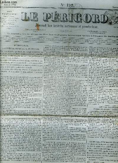 LE PERIGORD JOURNAL DES INTERETS NATIONAUX ET PROVINCIAUX N192 1844 - Prigueux l'histoire de France de M. de Genoude - visite de M.le Duc de Bordeaux a Alton Towers - chronique locale - remonte gnrale - tat civil de Prigueux - march de Prigueux ..