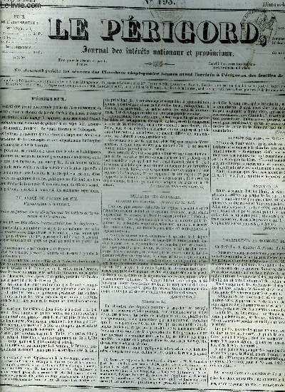 LE PERIGORD JOURNAL DES INTERETS NATIONAUX ET PROVINCIAUX N193 1844 - Prigueux l'histoire de France de M. de Genoude - visite de M.le Duc de Bordeaux a Alton Towers - chronique locale - remonte gnrale - tat civil de Prigueux - march de Prigueux ..