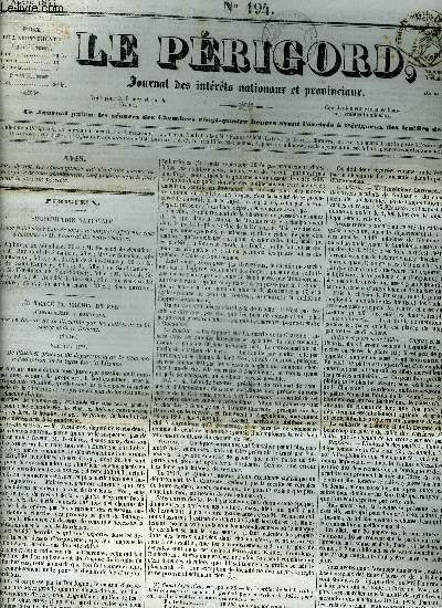 LE PERIGORD JOURNAL DES INTERETS NATIONAUX ET PROVINCIAUX N194 1844 - Prigueux souscription nationale - du trac du chemin de fer d'Angouleme a Bordeaux mmoire en faveur de la direction par les valles de la Lisonne et de la Dronne - rforme lectorale