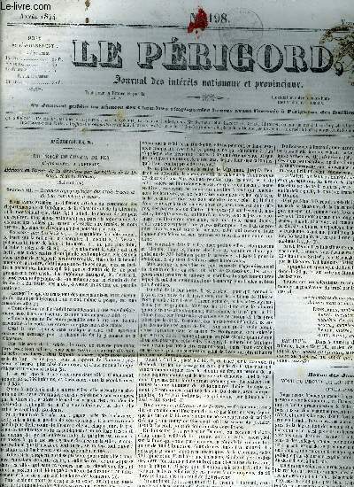 LE PERIGORD JOURNAL DES INTERETS NATIONAUX ET PROVINCIAUX N198 1844 - Prigueux du trac du chemin de fer d'Angouleme a Bordeaux mmoire en faveur de la direction par les valles de la Lisonne et de la Dronne (suite) etc.