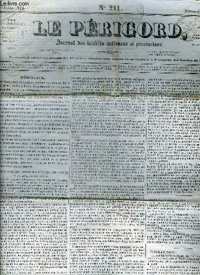 LE PERIGORD JOURNAL DES INTERETS NATIONAUX ET PROVINCIAUX N211 1844 -Prigueux - rupture publique entre Mgr l'eveque de Nantes et le ministre des cultes - budget de 1845 budget des dpenses - cour d'assisses de la Seine assassinat de M.Donon Cadot etc.