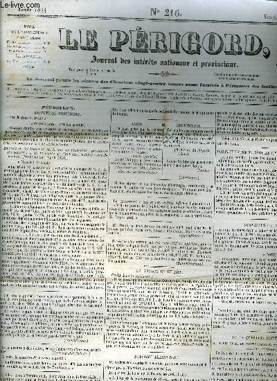 LE PERIGORD JOURNAL DES INTERETS NATIONAUX ET PROVINCIAUX N216 1844 - Prigueux dotations princires - la nation et le fisc - rforme lectorale - conflit entre M.Sguier et le barreau de Paris etc.