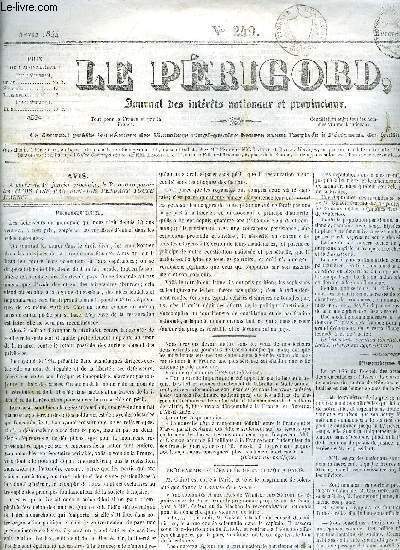 LE PERIGORD JOURNAL DES INTERETS NATIONAUX ET PROVINCIAUX N249 1844 - Prigueux - programme de l'entre de M.Guizot  Paris - aventures du Capitaine Petit - cour d'assises de la Dordogne vol Jean Nardou Claude et Pierre Froidefond etc.