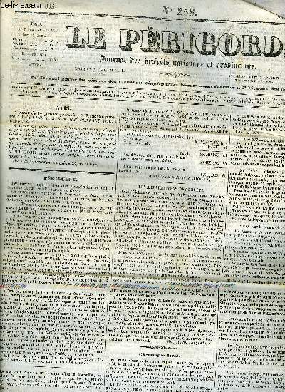 LE PERIGORD JOURNAL DES INTERETS NATIONAUX ET PROVINCIAUX N258 1844 - Prigueux - les dfrichemens des forts - chronique locale - la rose de la valle - rvolte de Zurbano - Etats Unis nouvelle explosion sur un batiment - ouragan a Buffalo etc.