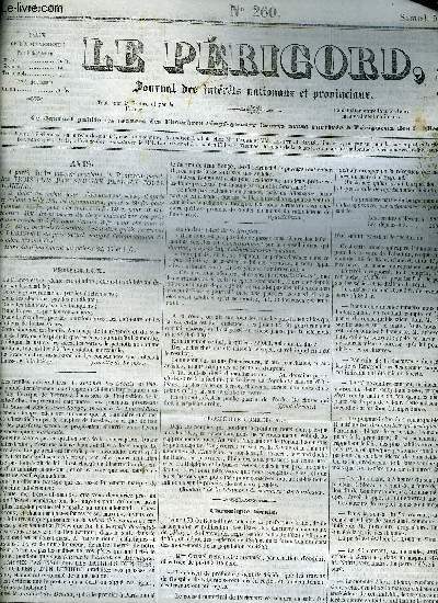 LE PERIGORD JOURNAL DES INTERETS NATIONAUX ET PROVINCIAUX N260 1844 - Prigueux - prosprit commerciale - chronique locale - la rose de la valle - ncrologie - colonies franaises - le cur mrino - un sommeil de cinq ans etc.