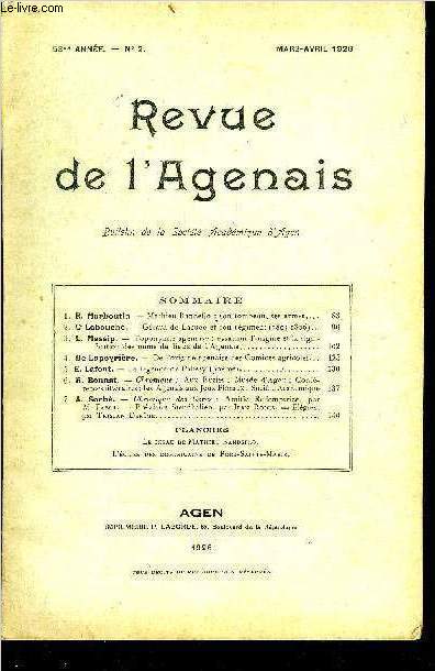 REVUE DE L'AGENAIS - 53EME ANNEE - N 2 - Mathieu Bandello son tombeau ses armes par Marboutin - Grard de Lacue et son rgiment 1805-1806 par Labouche - toponymie agenaise essai sur l'origine et la signification des noms de lieux de l'Agenais par Massip