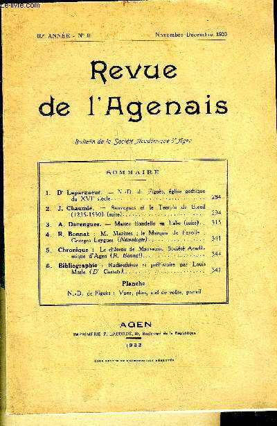 REVUE DE L'AGENAIS - 60EME ANNEE - N 6 - N.-D. de Figus glise gothique du XVIe sicle par Lepargneur - Sauvagnas et le temple de Breuil 1235-1550 (suite) par Chaumi - Matteo Bandello en Italie (suite) par Durengues etc.