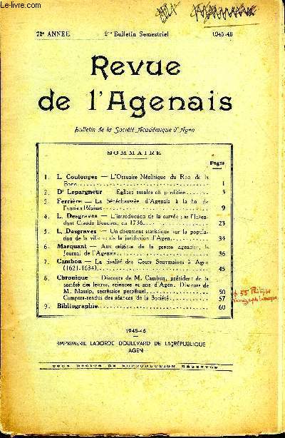 REVUE DE L'AGENAIS - 72EME ANNEE - N 2 - L'ossuaire nolitique du roc de la Borie par Coulonges - eglises rurales en perdition par Lepargneur - la snchausse d'agenais  la fin de l'ancien rgime par Ferrire etc.