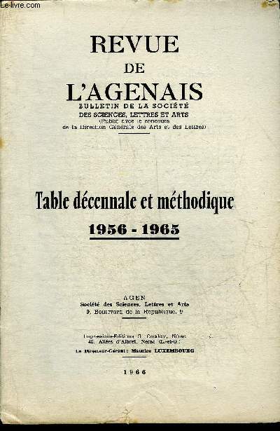 REVUE DE L'AGENAIS - TABLE DECENNALE ET METHODIQUE 1956-1965.