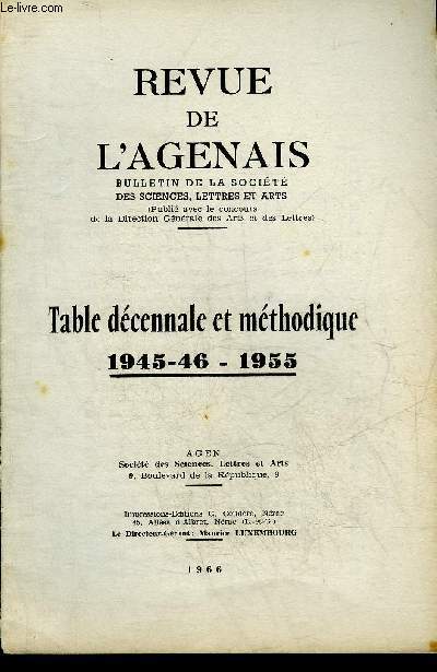 REVUE DE L'AGENAIS - TABLE DECENNALE ET METHODIQUE 1945-46 - 1955.