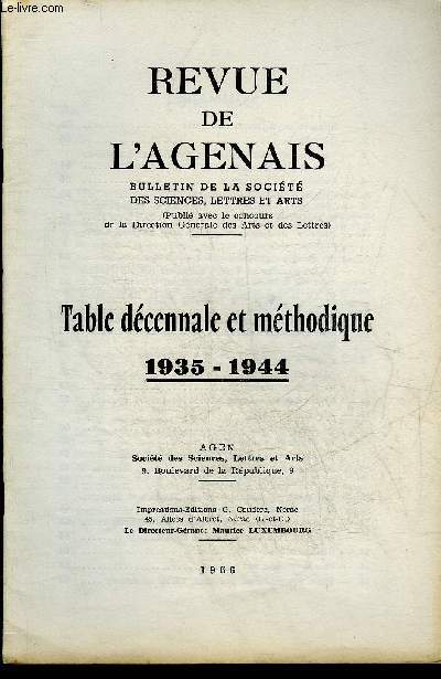 REVUE DE L'AGENAIS - TABLE DECENNALE ET METHODIQUE 1935-1944 .