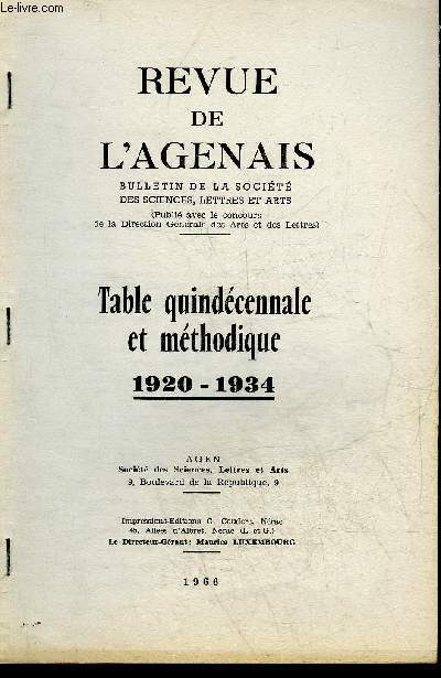 REVUE DE L'AGENAIS - TABLE QUINDECENNALE ET METHODIQUE 1920-1934.
