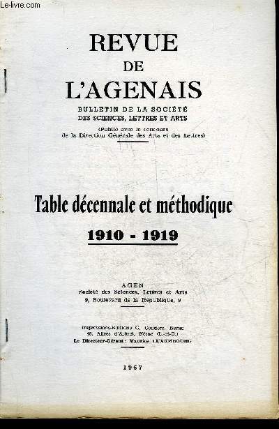 REVUE DE L'AGENAIS - TABLE DECENNALE ET METHODIQUE 1910-1919.