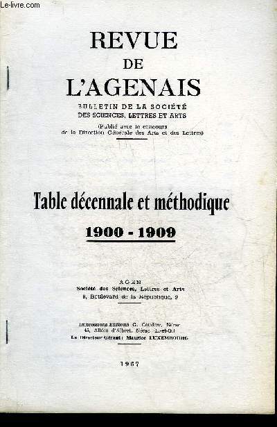 REVUE DE L'AGENAIS - TABLE DECENNALE ET METHODIQUE 1900-1909 .