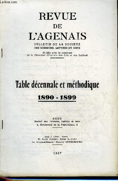 REVUE DE L'AGENAIS - TABLE DECENNALE ET METHODIQUE 1890-1899.