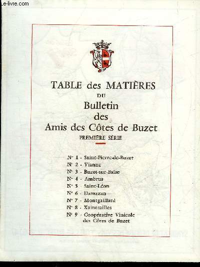 FASCICULE : TABLE DES MATIERES DU BULLETIN DES AMIS DES COTES DU BUZET PREMIERE SERIE.