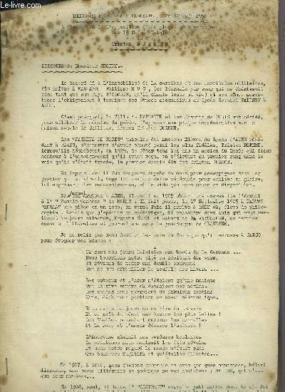 DISCOURS PRONONCES A MARMANDE LE 28 OCTOBRE 1956 A L'OCCASION DE L'APPOSITION D'UNE PLAQUE COMMEMORATIVE SUR LA MAISON NATALE DE TRISTAN DEREME.