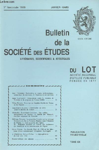 Bulletin de la Socit des tudes littraires, scientifiques & artistiques du Lot - 1er fascicule 89 janv. mars - Tome CX - Recherches et tudes prhistoriques concernant la commune de Teyssieu et ses environs