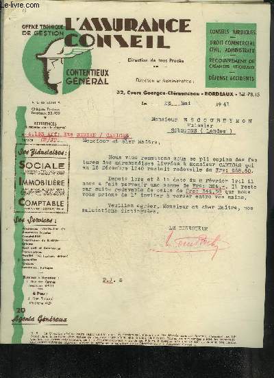 LOT DE 3 LETTRES DACTYLOGRAPHIEES SIGNEES DE L'ASSURANCE CONSEIL OFFICE TECHNIQUE DE GESTION - DATANT DE 1941 - DESTINEE A MONSIEUR ESCOUBEYRON .